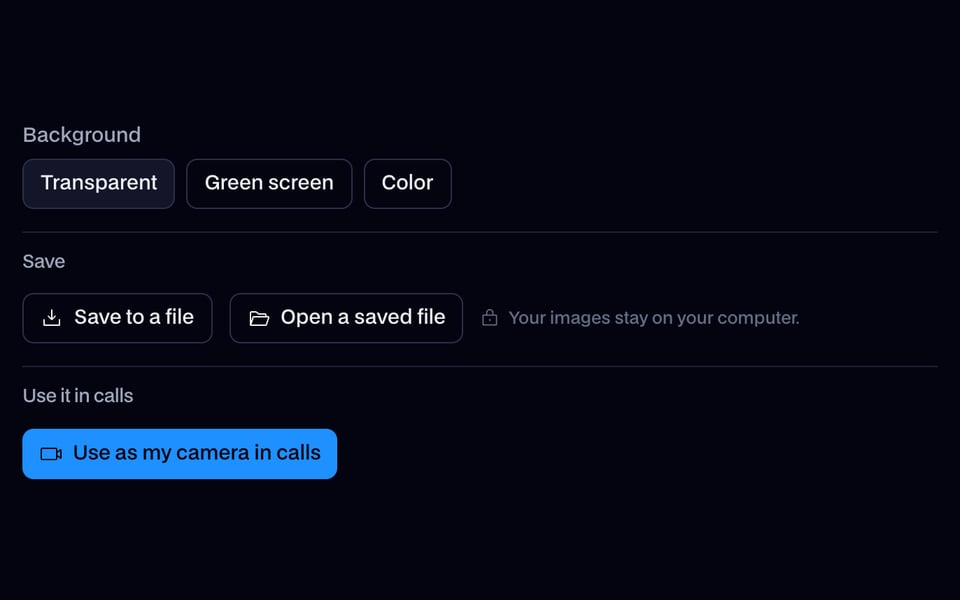 Hintergrund, Speichern und der Button für die virtuelle Kamera
