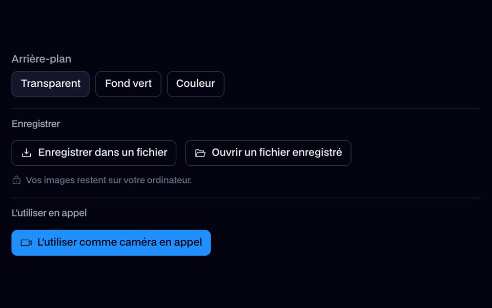 Arrière-plan, sauvegarde et bouton de caméra virtuelle