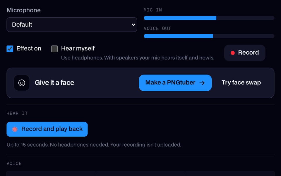 The Real-Time Voice Changer listening to the mic