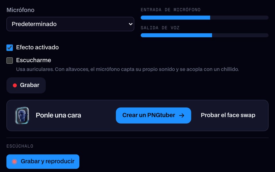 El cambiador de voz en tiempo real escuchando el micrófono