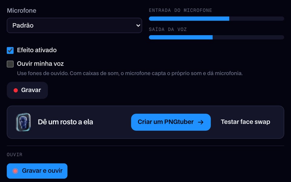 O modificador de voz em tempo real ouvindo o microfone
