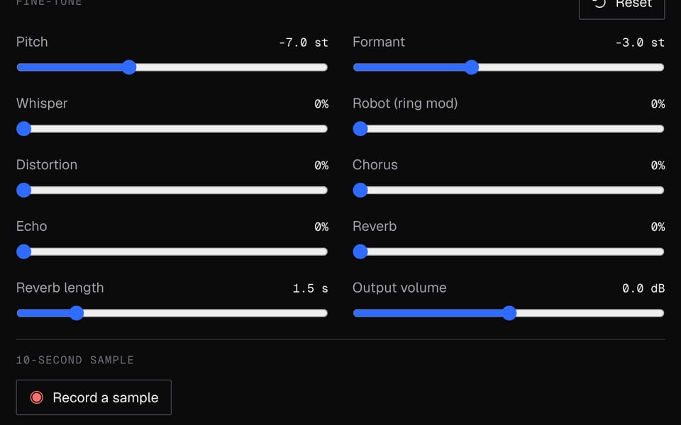 Fine-tune sliders and the button that sends the voice to calls
