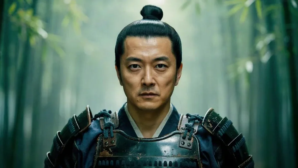 Film clip of a samurai in a bamboo forest, before the face swap