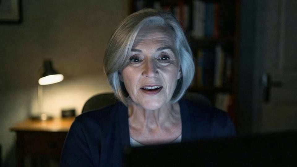 Webcam video of an older woman with a silver bob talking on a call, before the face swap