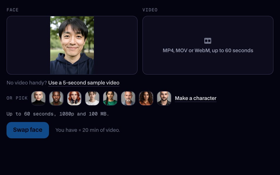 Yüz olarak bir selfie eklenmiş Videoda Yüz Değiştirme