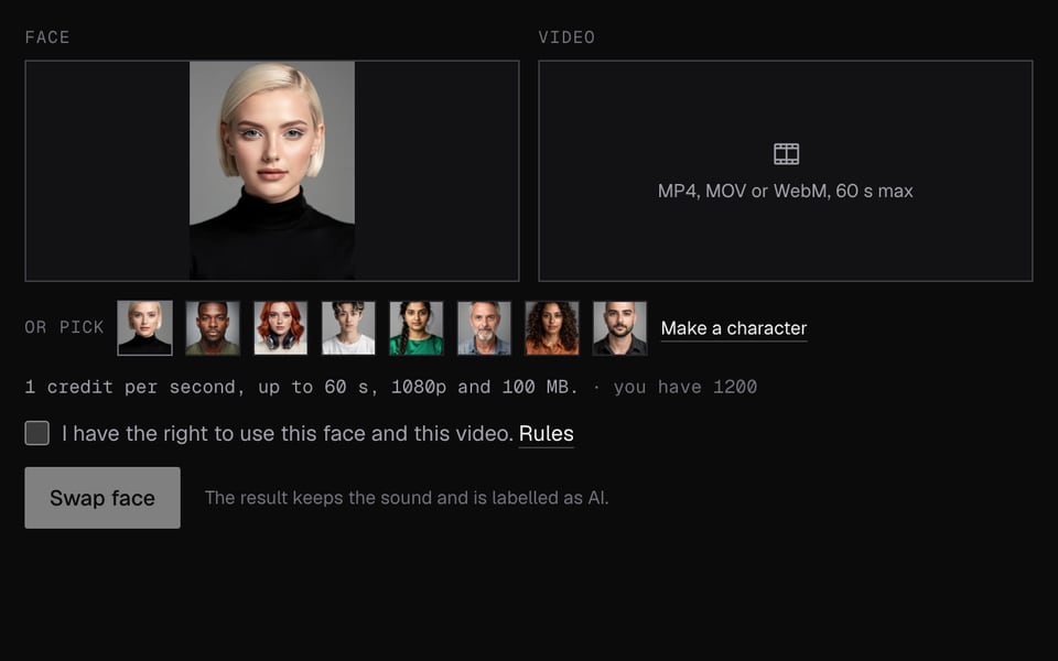 Video Face Swap with a fictional character picked as the face