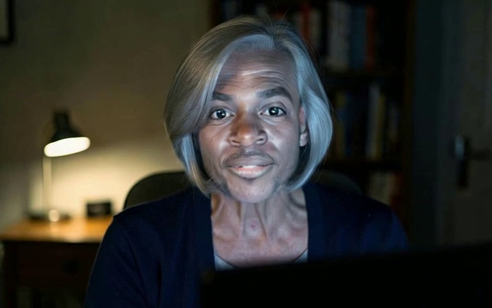 The same frame in the finished video, face swapped