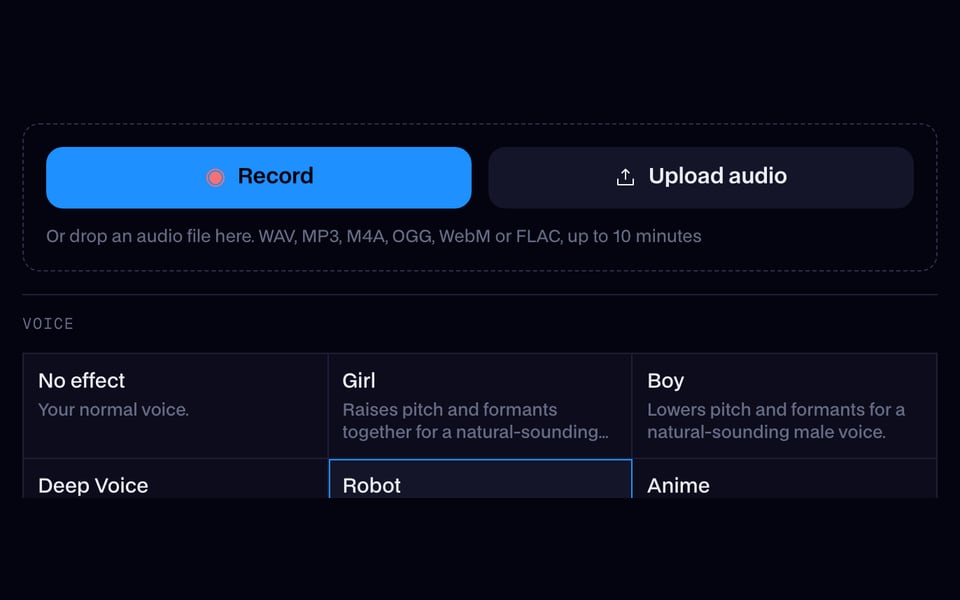 Online Voice Changer waiting for an audio file