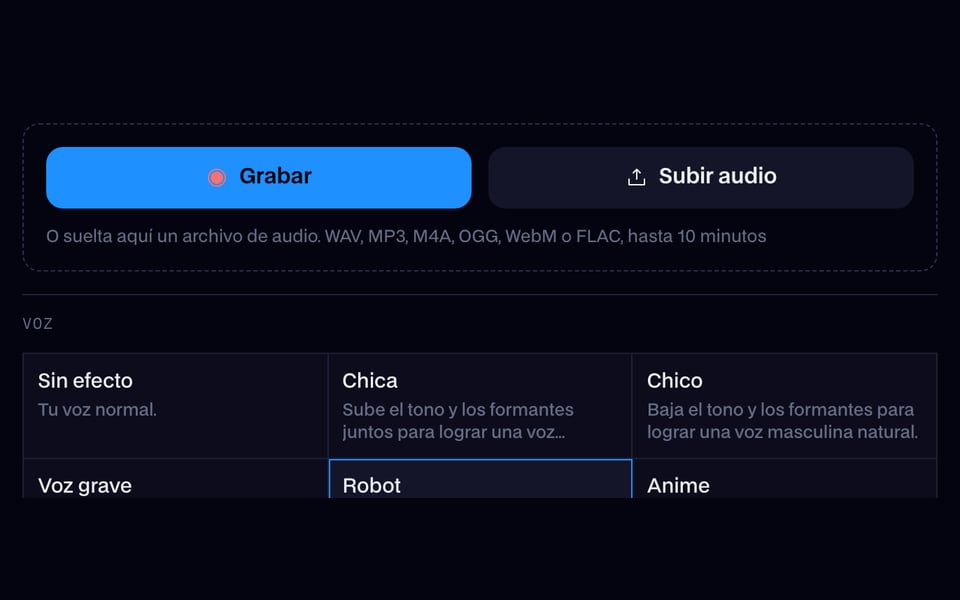 El cambiador de voz online esperando un archivo de audio