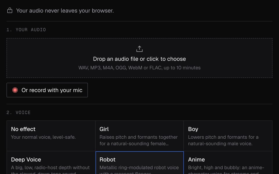 Online Voice Changer waiting for an audio file