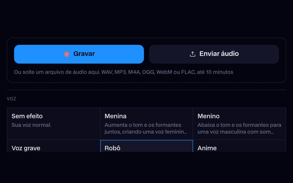 O modificador de voz online esperando um arquivo de áudio