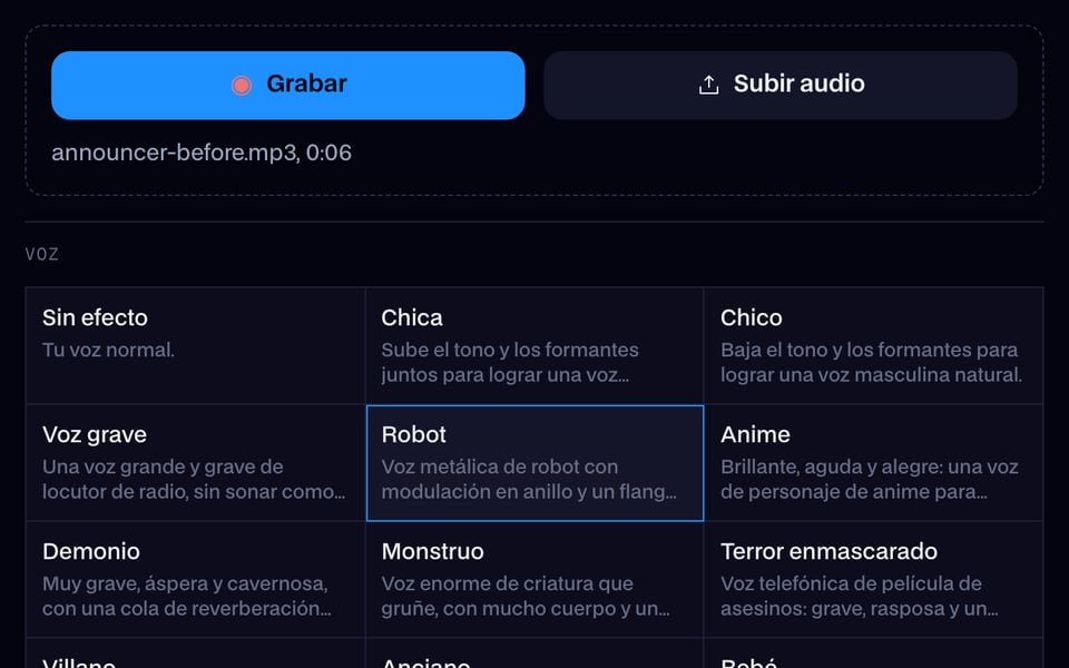 Una grabación agregada y la voz Robot elegida
