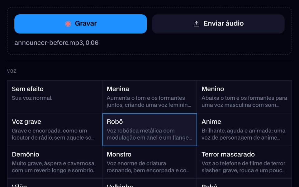 Uma gravação adicionada e a voz Robô escolhida