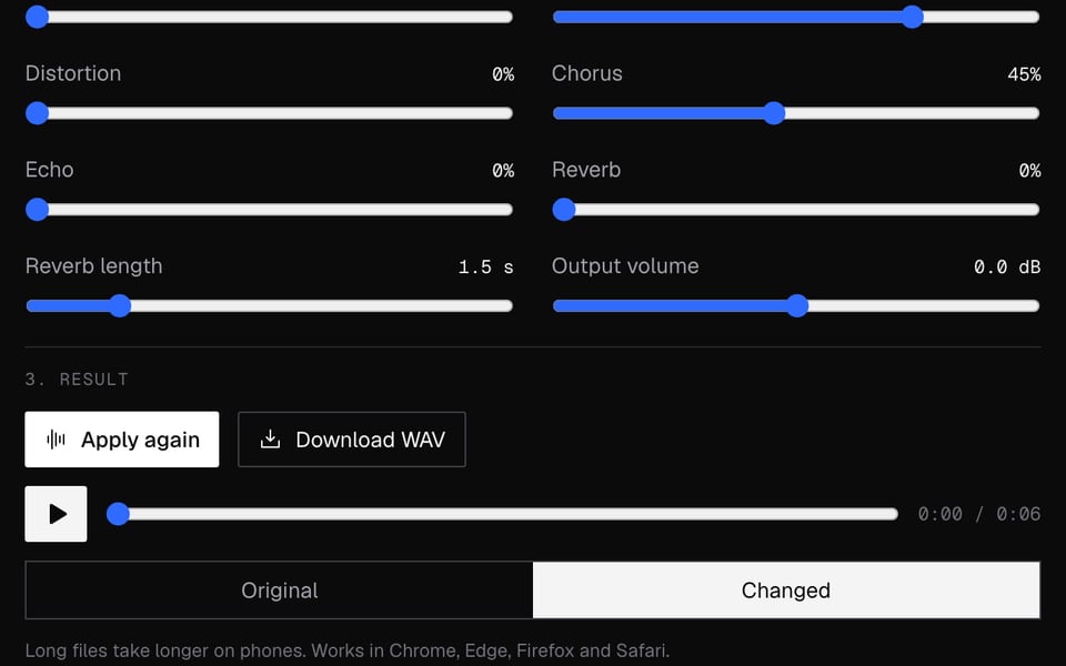 The changed recording, ready to play and download