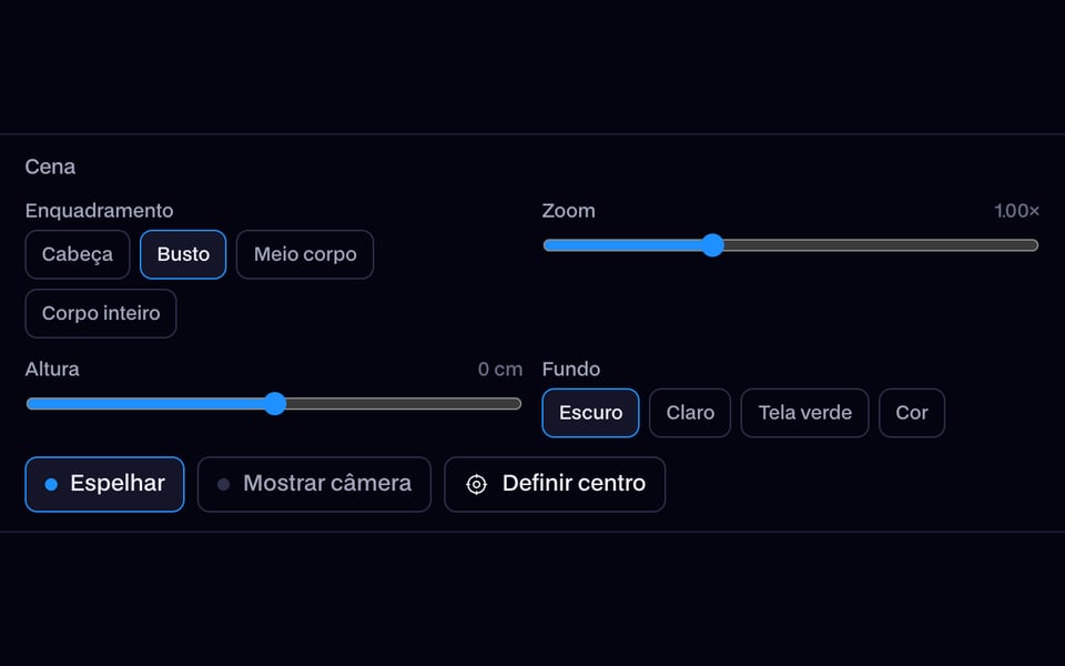 Configurações de enquadramento, zoom e fundo