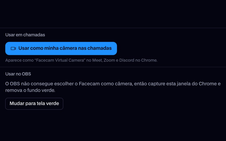 O botão que envia o avatar para as chamadas como câmera