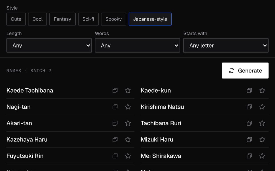 A fresh batch of Japanese-style names