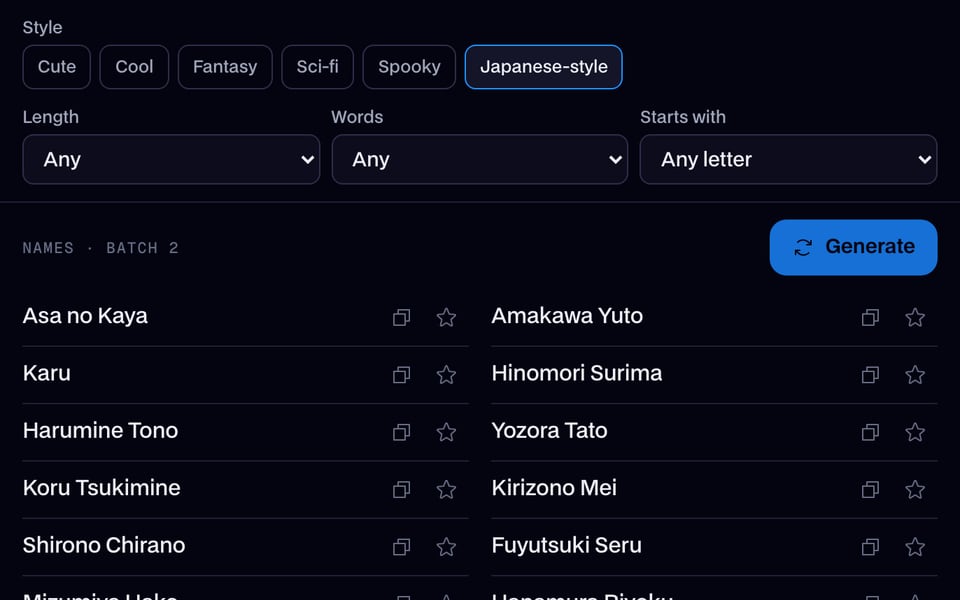 A fresh batch of Japanese-style names