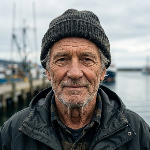The photo it was drawn from: an older man in a knit beanie at a harbor