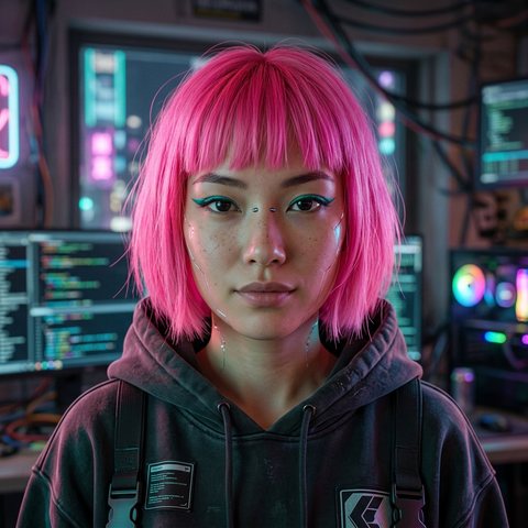 The photo it was drawn from: a woman with a pink bob in a hoodie