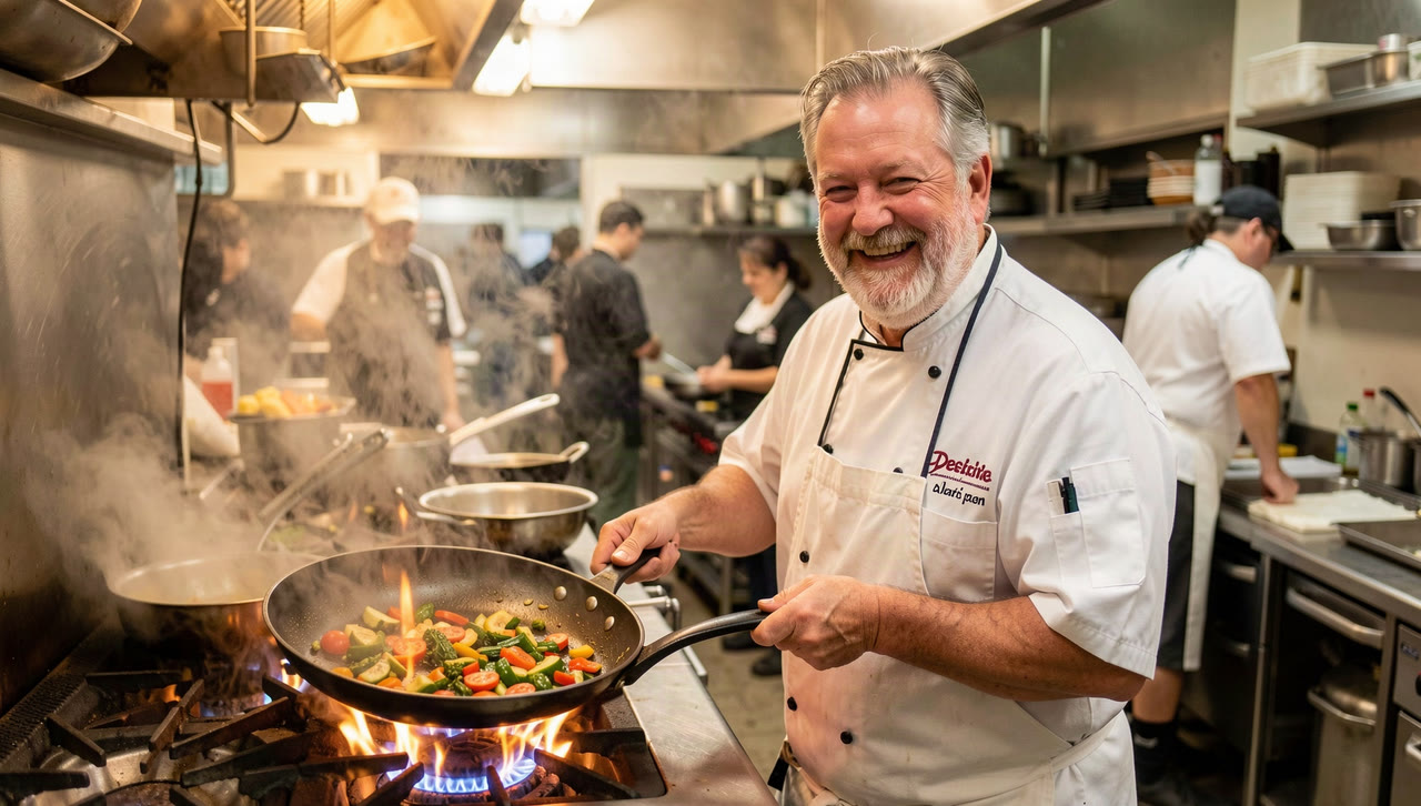 A smiling chef holding a pan over a flame in a restaurant kitchen