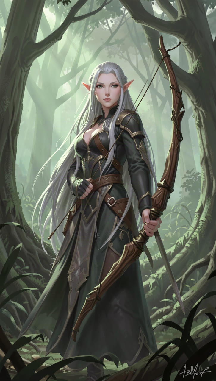 A painted elf archer with silver hair in a misty forest