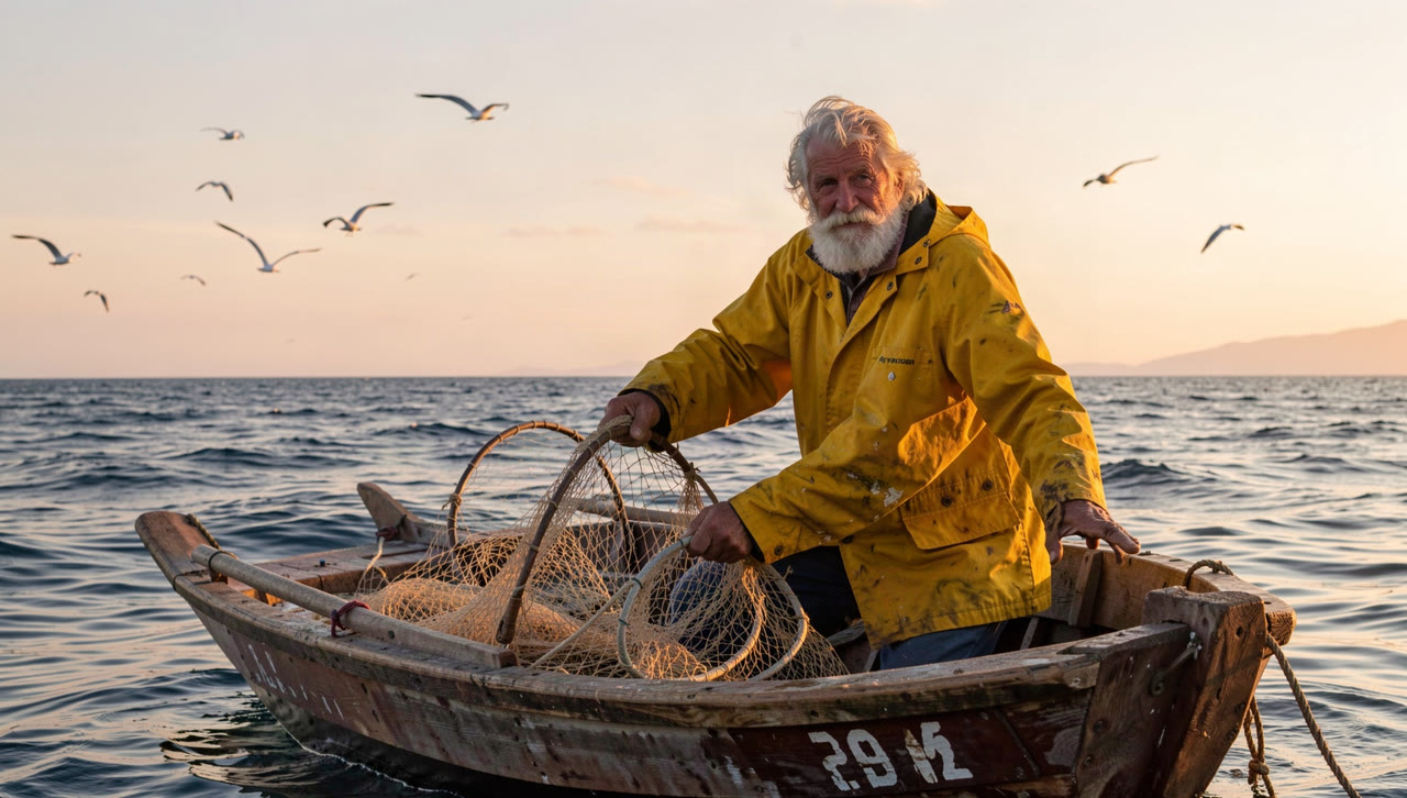 An old fisherman in a yellow raincoat on a small boat at dawn