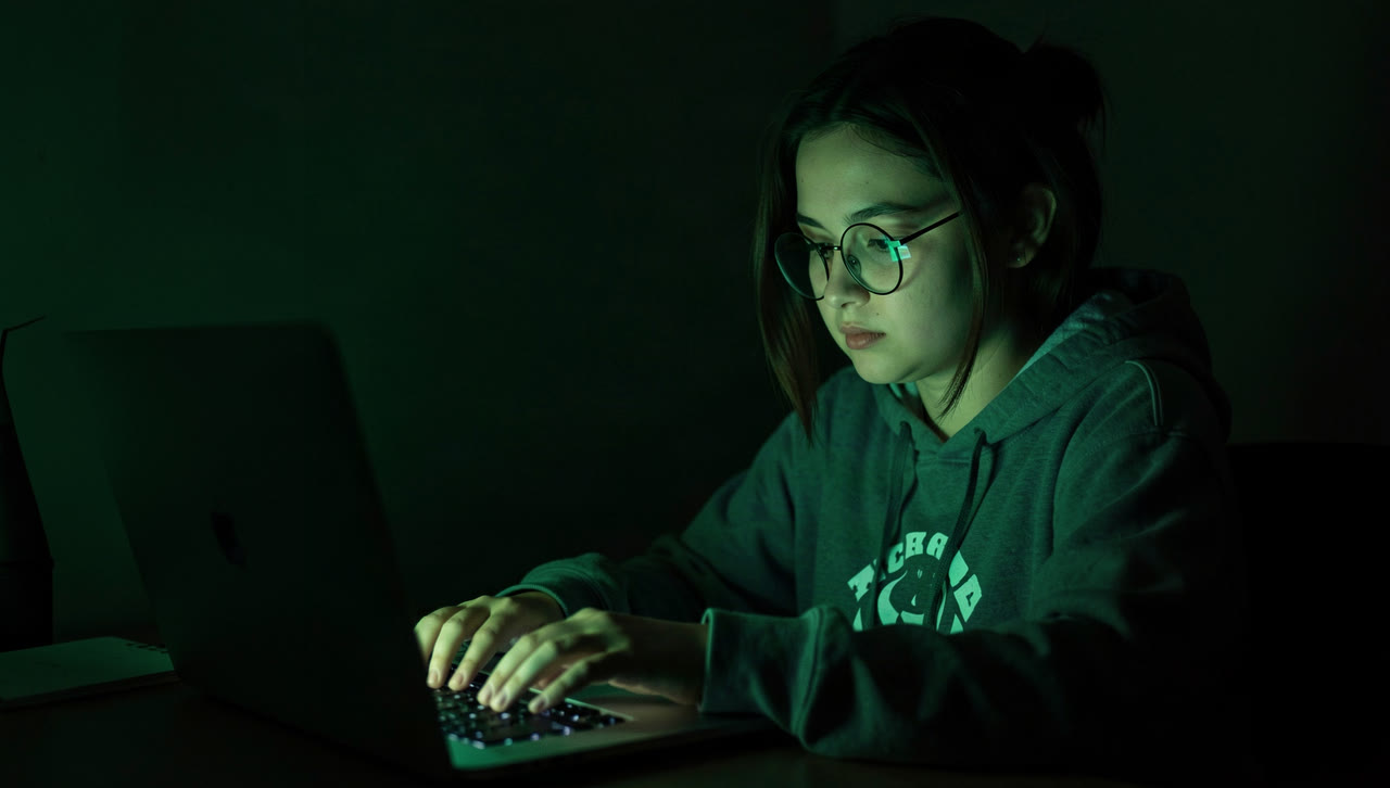 A young woman with glasses typing in a dark room lit green
