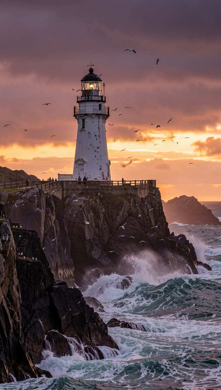 A white lighthouse on rocky cliffs at dusk with waves crashing below