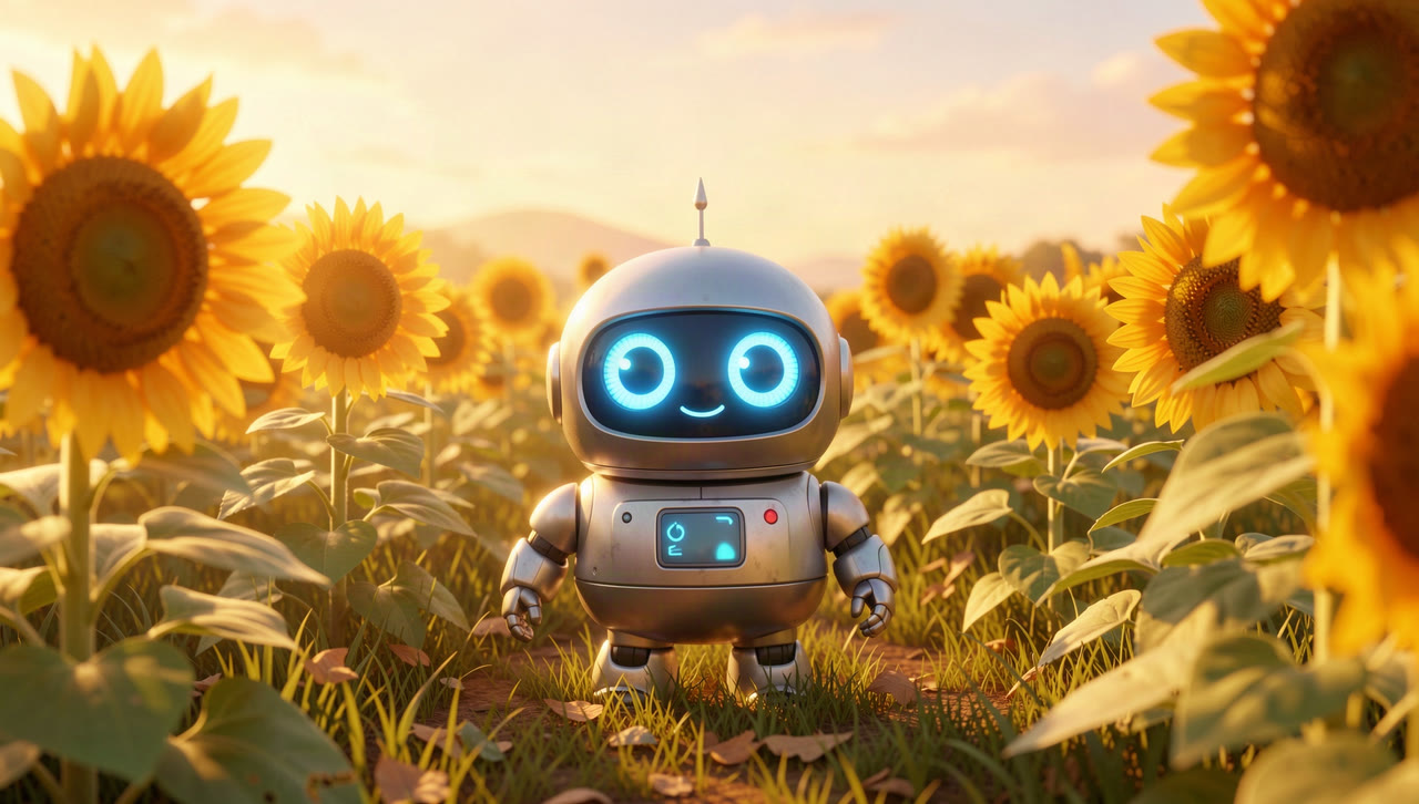 A small 3D animated robot in a field of sunflowers