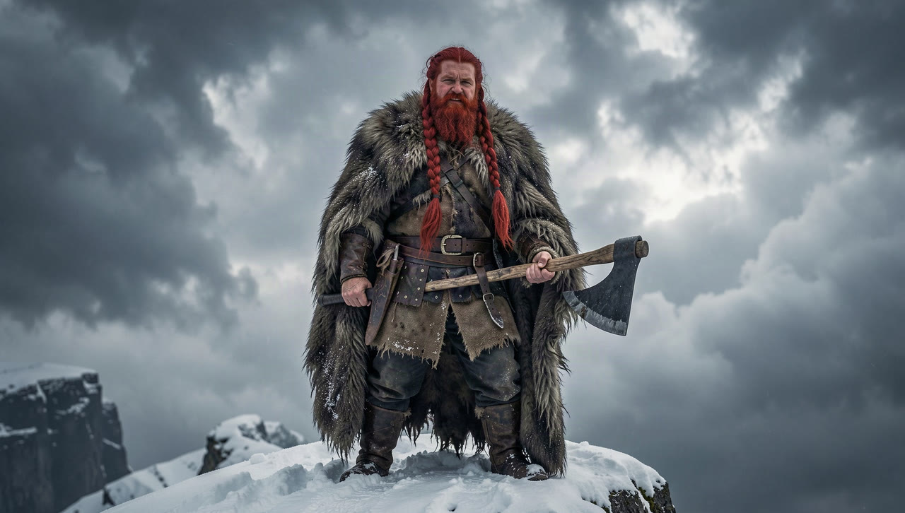 A viking with a braided red beard on a snowy cliff