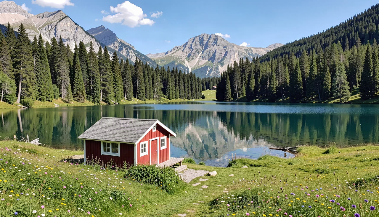 A red cabin by a mountain lake in summer, wildflowers in front