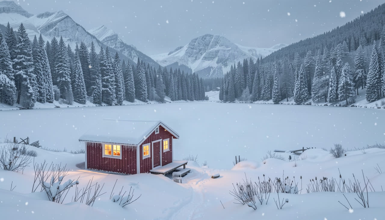 The same cabin in deep snow by the frozen lake, its window lit