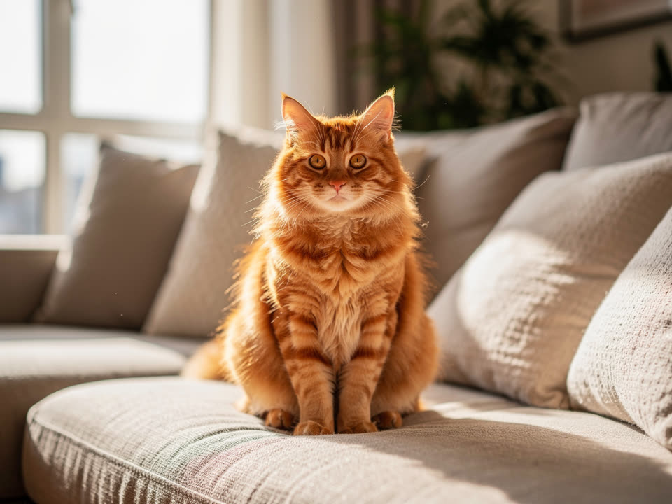 An orange tabby cat sitting on a beige sofa by a sunny window