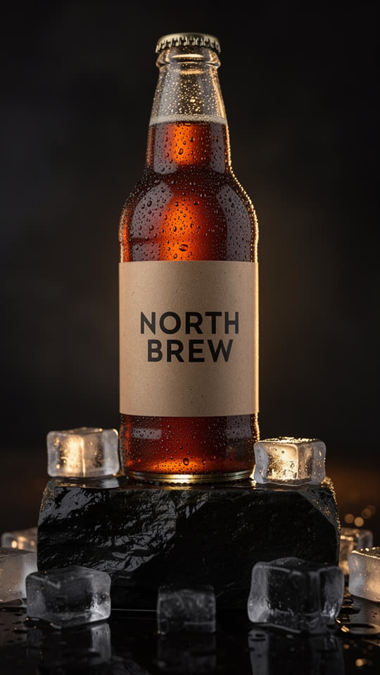 A bottle of cold brew with a kraft label on a wet dark stone, ice cubes around it