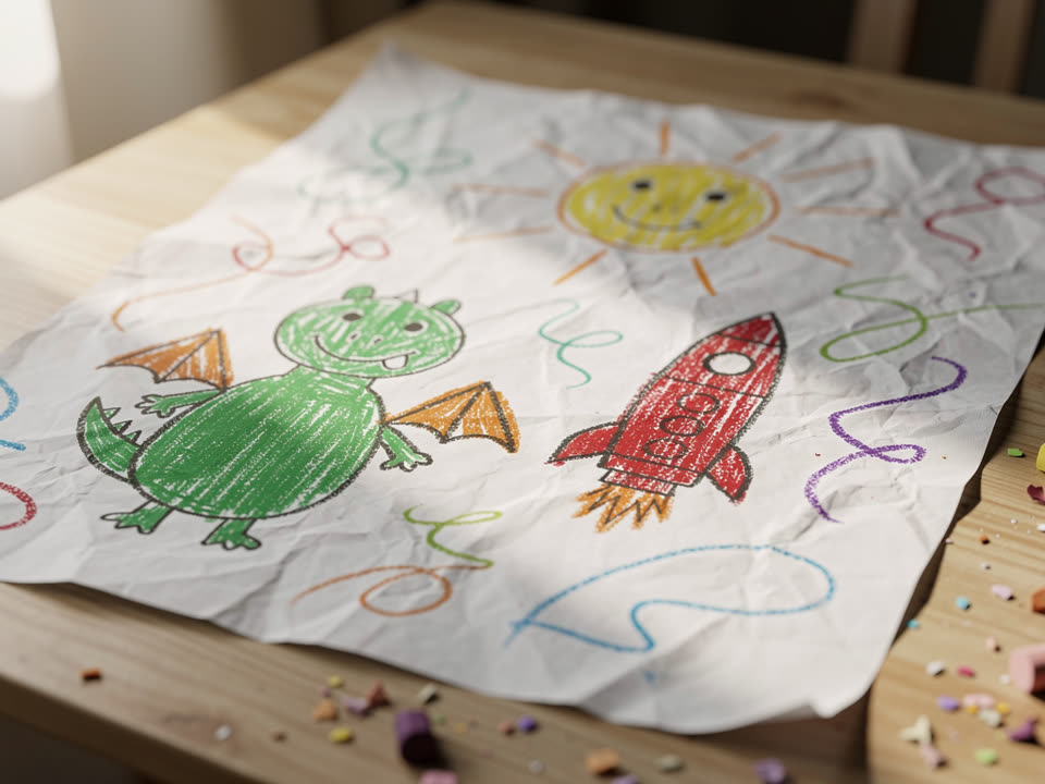 A crayon drawing of a green dragon, a red rocket and a smiling sun on a wooden table