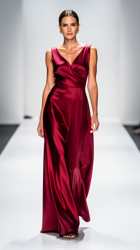 A model in a flowing crimson silk dress standing on a white runway