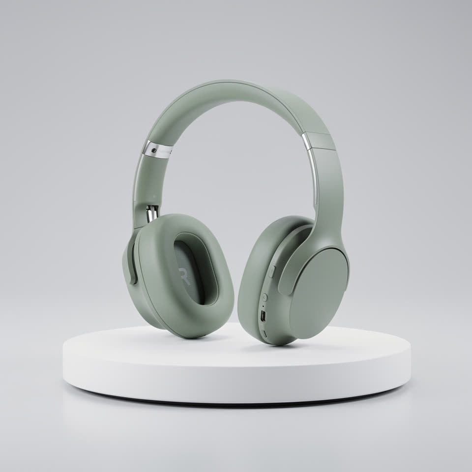 Sage-green wireless headphones standing on a white turntable podium