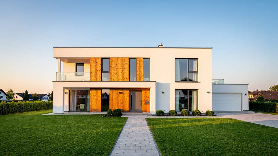 A modern two-story house with white walls and wood cladding behind a green lawn at golden hour