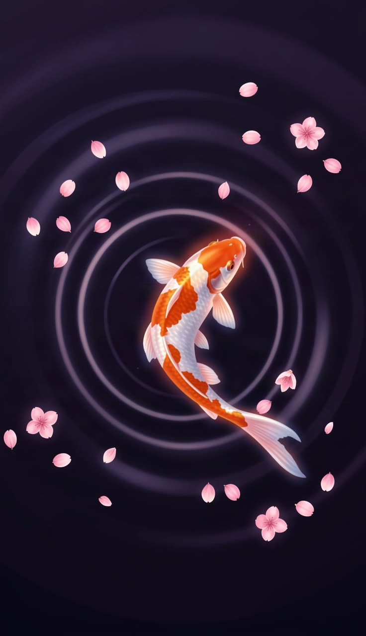A glowing koi circling in dark indigo water with cherry blossom petals