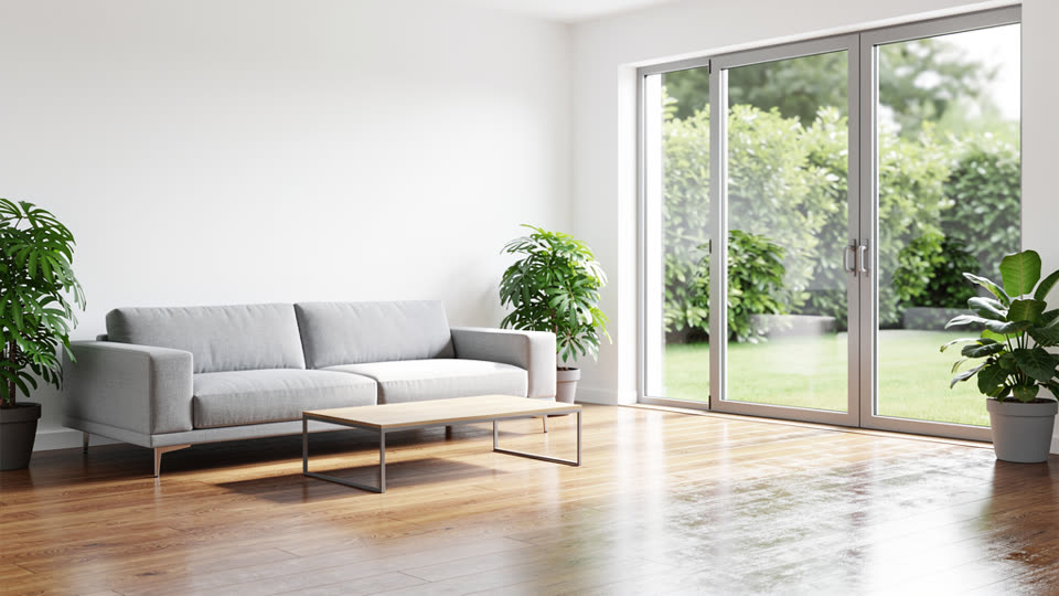 A bright, modern living room with a grey sofa, an oak floor and big windows onto a garden