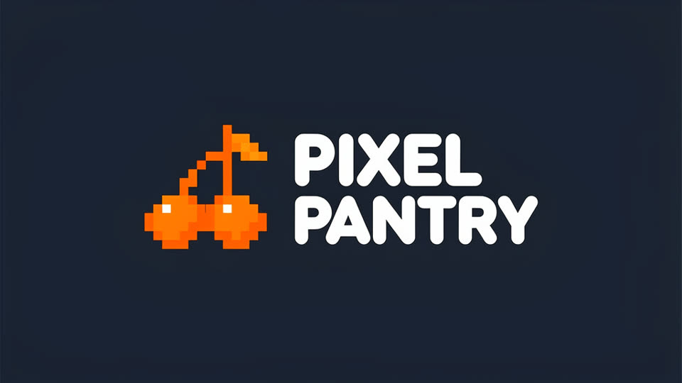 The Pixel Pantry channel logo, white letters and an orange pixel cherry on dark navy